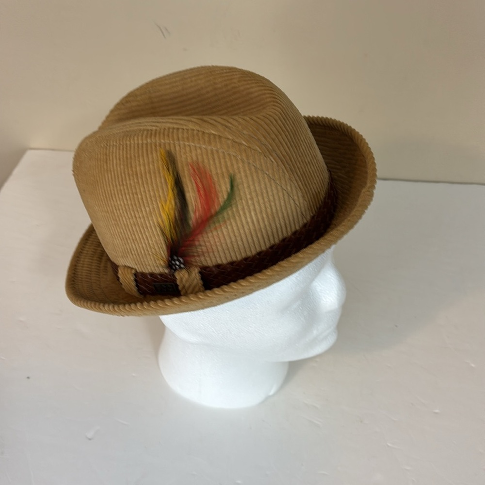 Vintage Tan Corduroy London Fog Feathered Fedora Size 7